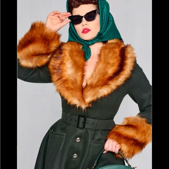 Collectif Jackie Coat with Brown Faux Fur - Green - Picture 2 of 9